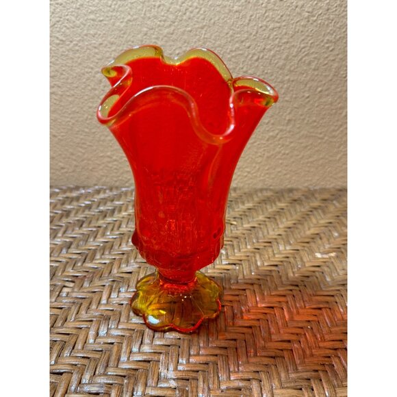 Fenton Other - Vintage Fento Amberina  Glows Glass Vase Ruffle Edge Glows Pedestal Base Roses